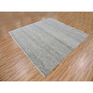 8'x8' Silver Gray, Modern Grass Design, Tone On Tone, Undyed 100% Wool, Hand Knotted, Square Oriental Rug FWR477354
