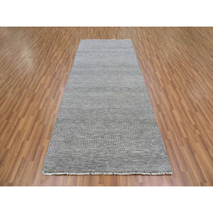 4'1"x12'1" Gentle Gray, Modern Tone On Tone Grass Design, Hand Knotted, Undyed Organic Wool, Runner Oriental Rug FWR477408