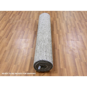 4'1"x12'1" Gentle Gray, Modern Tone On Tone Grass Design, Hand Knotted, Undyed Organic Wool, Runner Oriental Rug FWR477408