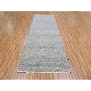 4'1"x12'1" Metallic Gray, Pure Undyed Wool, Tone On Tone, Modern Grass Design, Hand Knotted, Wide Runner Oriental Rug FWR477414