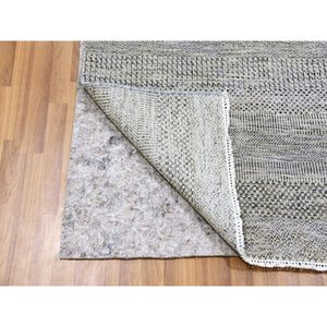 4'1"x12'1" Metallic Gray, Pure Undyed Wool, Tone On Tone, Modern Grass Design, Hand Knotted, Wide Runner Oriental Rug FWR477414