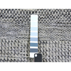 4'1"x12'1" Metallic Gray, Pure Undyed Wool, Tone On Tone, Modern Grass Design, Hand Knotted, Wide Runner Oriental Rug FWR477414