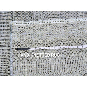 4'1"x12'1" Metallic Gray, Pure Undyed Wool, Tone On Tone, Modern Grass Design, Hand Knotted, Wide Runner Oriental Rug FWR477414