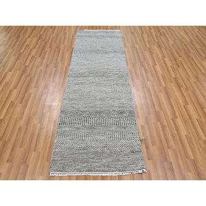 2'7"x8' Power Gray, Modern Tone On Tone Grass Design, Hand Knotted, Undyed Organic Wool, Runner Oriental Rug FWR477444