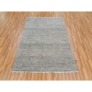 4'2"x6'1" Solid Gray, 100% Undyed Wool, Modern Hand Knotted Grass Design, Tone On Tone, Oriental Rug FWR477456