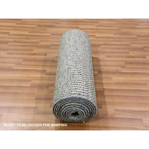 2'5"x15'10" Rustic Gray, Modern Tone on Tone Grass Design, Hand Knotted, Undyed Organic Wool, XL Runner Oriental Rug FWR477498