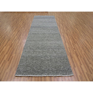 4'1"x12'1" Battleship Gray, Modern Grass Design, Tone On Tone, Undyed 100% Wool, Hand Knotted, Wide Runner Oriental Rug  FWR477576