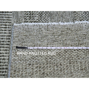 4'1"x12'1" Battleship Gray, Modern Grass Design, Tone On Tone, Undyed 100% Wool, Hand Knotted, Wide Runner Oriental Rug  FWR477576