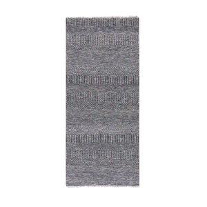 2'8"x6'2" Dolphin with Cloud Gray, Hand Knotted, Modern Grass Design, Tone on Tone, Natural Undyed Wool, Runner Oriental Rug FWR477618