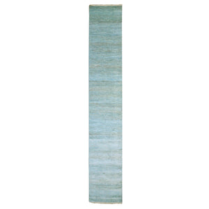 2'6"x16'3" Ocean Blue, Hand Knotted , Tone on Tone, Densely Woven, Soft Pile, Dyed, Wool and Silk, Modern Grass Design, XL Runner Oriental Rug FWR477714