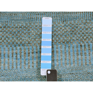 2'6"x16'3" Ocean Blue, Hand Knotted , Tone on Tone, Densely Woven, Soft Pile, Dyed, Wool and Silk, Modern Grass Design, XL Runner Oriental Rug FWR477714