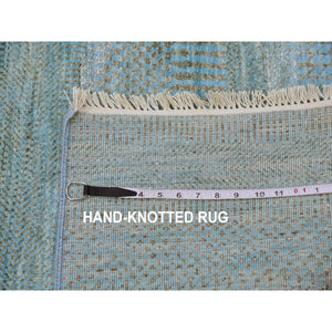 2'6"x16'3" Ocean Blue, Hand Knotted , Tone on Tone, Densely Woven, Soft Pile, Dyed, Wool and Silk, Modern Grass Design, XL Runner Oriental Rug FWR477714