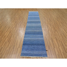 Load image into Gallery viewer, 2&#39;7&quot;x12&#39; Penn Blue, Modern Grass Design, Soft Pile, Dense Weave, Tone On Tone, Dyed, Wool And Silk, Hand Knotted Runner Oriental Rug FWR477744