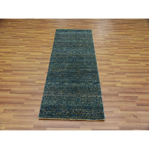 2'6"x6' Juniper Forest Green, 100% Plush Wool, Tone On Tone, Hand Knotted, Kohinoor Herat Small Geometric Repetitive Design, Runner Oriental Rug FWR478002