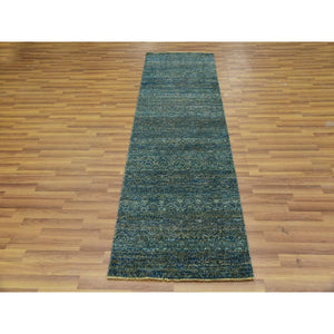 2'6"x8' Retro Cyan Forest Green, Diamond Shape Repetitive Design, Borderless Hand Knotted, Kohinoor Herat, 100% Wool, Tone On Tone, Runner Oriental Rug FWR478020