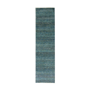 2'6"x10'1" Clover Green, Kohinoor Herat, 100% Wool, Diamond Shape Repetitive Design, Borderless Hand Knotted, Tone on Tone, Runner Oriental Rug FWR478026
