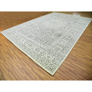 12'1"x18' Chiffon White, Mamluk Dynasty, Tone On Tone Design, Undyed Pure Wool, Hand Knotted, Oversized Oriental Rug FWR478080