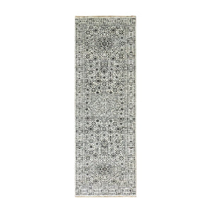 2'8"x10' Parchment White, Mamluk Dynasty, Tone on Tone Design, Undyed Shiny Wool, Hand Knotted, Runner Oriental Rug FWR478086