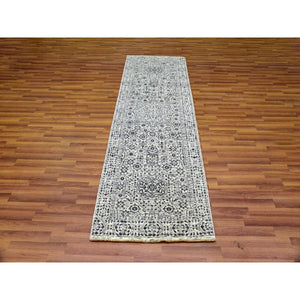 2'8"x10' Parchment White, Mamluk Dynasty, Tone on Tone Design, Undyed Shiny Wool, Hand Knotted, Runner Oriental Rug FWR478086