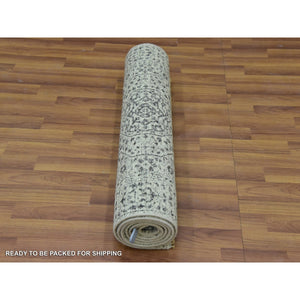 2'8"x10' Parchment White, Mamluk Dynasty, Tone on Tone Design, Undyed Shiny Wool, Hand Knotted, Runner Oriental Rug FWR478086