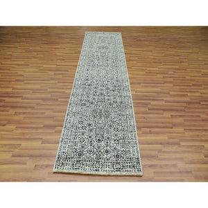 2'8"x10' Linen White, Mamluk Dynasty, Tone on Tone Design, Undyed Luxurious Wool, Hand Knotted, Runner Oriental Rug FWR478098
