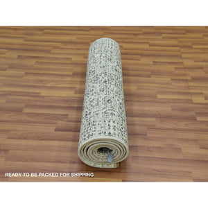 2'8"x10' Linen White, Mamluk Dynasty, Tone on Tone Design, Undyed Luxurious Wool, Hand Knotted, Runner Oriental Rug FWR478098