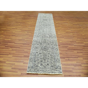 2'8"x10' Peppermint White, Mamluk Dynasty, Tone on Tone Design, Undyed 100% Wool, Hand Knotted, Runner Oriental Rug FWR478104
