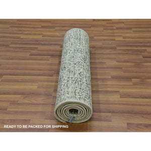 2'8"x10' Peppermint White, Mamluk Dynasty, Tone on Tone Design, Undyed 100% Wool, Hand Knotted, Runner Oriental Rug FWR478104