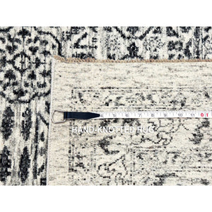 2'8"x10' Peppermint White, Mamluk Dynasty, Tone on Tone Design, Undyed 100% Wool, Hand Knotted, Runner Oriental Rug FWR478104