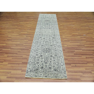 2'8"x10' Harp White, Hand Knotted, Mamluk Dynasty, Tone on Tone Design, Undyed Luxurious Wool, Runner Oriental Rug FWR478110
