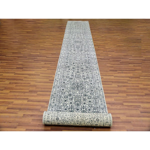2'10"x18' Pomelo White, Mamluk Dynasty, Tone on Tone, Undyed Natural Wool, Hand Knotted, Runner Oriental Rug FWR478134