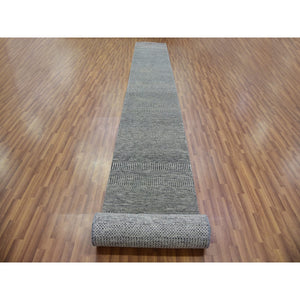 2'7"x26'3" Goose Gray, Tone on Tone, Undyed 100% Wool, Hand Knotted Modern Grass Design, XL Runner Oriental Rug FWR478206