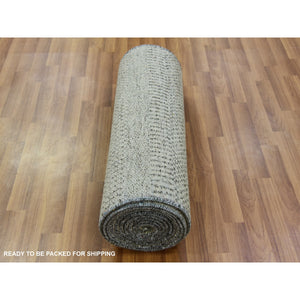 2'6"x16' Pastel Gray, Hand Knotted, Tone On Tone, Modern Grass Design, Organic Wool, Undyed, Xl Runner Oriental Rug FWR478224
