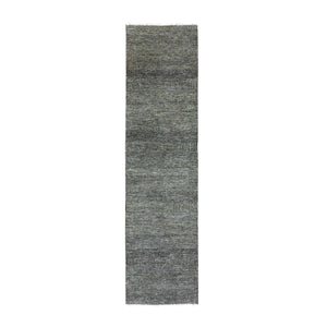 2'6"x10' Harbor Gray with Grease Black, Modern Grass Design, Hand Knotted, Pure Undyed Wool, Tone on Tone, Oriental Runner Rug FWR478236