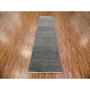 2'6"x10' Harbor Gray with Grease Black, Modern Grass Design, Hand Knotted, Pure Undyed Wool, Tone on Tone, Oriental Runner Rug FWR478236