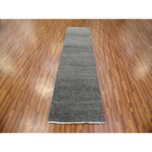 Load image into Gallery viewer, 2&#39;6&quot;x10&#39; Harbor Gray With Grease Black, Modern Grass Design, Hand Knotted, Pure Undyed Wool, Tone On Tone, Oriental Runner Rug FWR478236