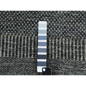 2'6"x10' Harbor Gray with Grease Black, Modern Grass Design, Hand Knotted, Pure Undyed Wool, Tone on Tone, Oriental Runner Rug FWR478236