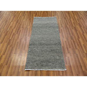 2'6"x5'10" Dove And Onyx Gray, Hand Knotted, Undyed Modern Grass 100% Wool Design, Tone On Tone, Oriental Runner Rug FWR478242