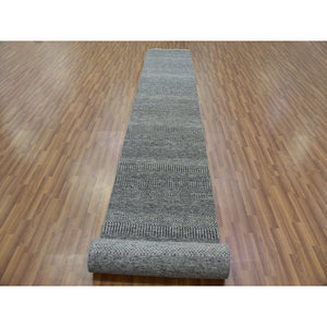 2'7"x20' Cloudburst Gray, Modern Grass Design, Undyed 100% Wool, Hand Knotted, Xl Runner Oriental Tone On Tone Rug FWR478392