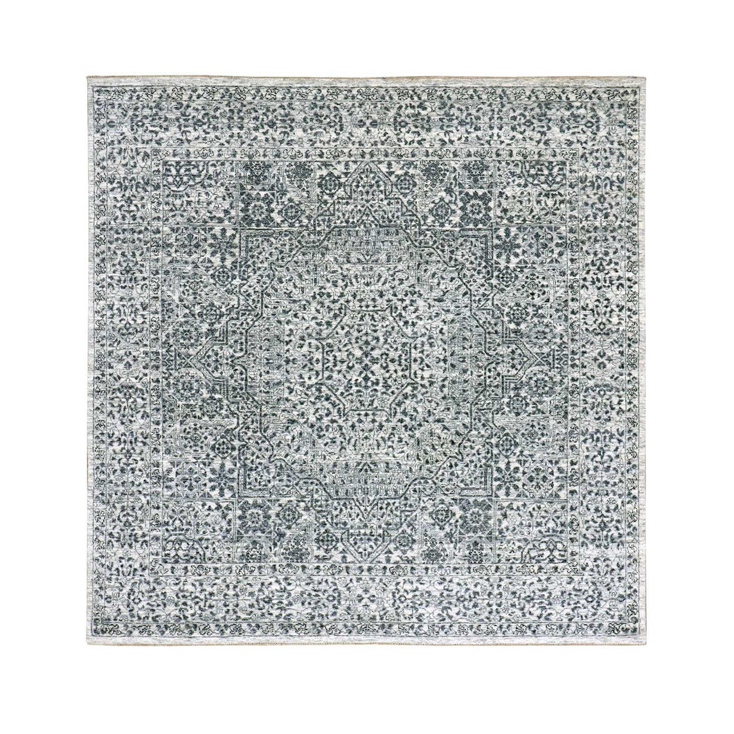 6'x6' Moon Mist White, Mamluk Dynasty, Tone on Tone Design, Undyed 100% Wool, Hand Knotted, Square Oriental Rug FWR478788