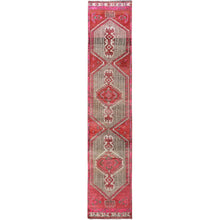 Load image into Gallery viewer, 2&#39;5&quot;x11&#39;10&quot; Imperial Red, Overdyed Vintage Persian Serab with Geometric Pattern, Shaved Down, Zero Pile, Sides and Ends Professionally Secured, Hand Knotted, Pure Wool, Narrow Runner, Oriental Rug Sh797 FWR4782