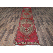 Load image into Gallery viewer, 2&#39;5&quot;x11&#39;10&quot; Imperial Red, Overdyed Vintage Persian Serab with Geometric Pattern, Shaved Down, Zero Pile, Sides and Ends Professionally Secured, Hand Knotted, Pure Wool, Narrow Runner, Oriental Rug Sh797 FWR4782