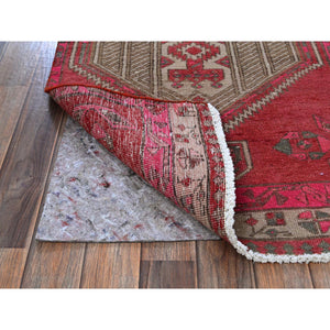 2'5"x11'10" Imperial Red, Overdyed Vintage Persian Serab with Geometric Pattern, Shaved Down, Zero Pile, Sides and Ends Professionally Secured, Hand Knotted, Pure Wool, Narrow Runner, Oriental Rug Sh797 FWR4782