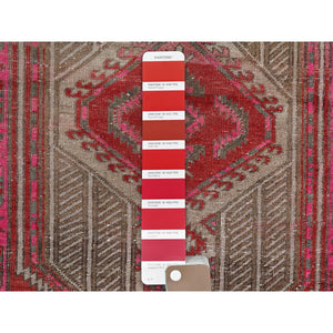 2'5"x11'10" Imperial Red, Overdyed Vintage Persian Serab with Geometric Pattern, Shaved Down, Zero Pile, Sides and Ends Professionally Secured, Hand Knotted, Pure Wool, Narrow Runner, Oriental Rug Sh797 FWR4782