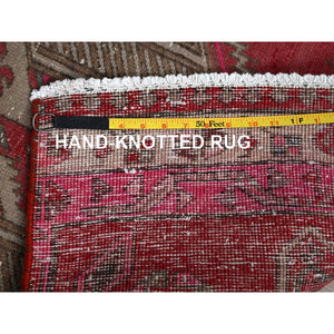 2'5"x11'10" Imperial Red, Overdyed Vintage Persian Serab with Geometric Pattern, Shaved Down, Zero Pile, Sides and Ends Professionally Secured, Hand Knotted, Pure Wool, Narrow Runner, Oriental Rug Sh797 FWR4782