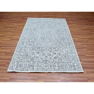 5'x7'1" Atrium White, Mamluk Design, Tone on Tone, Undyed Luxurious Wool, Hand Knotted, Denser Weave, Oriental Rug FWR478818