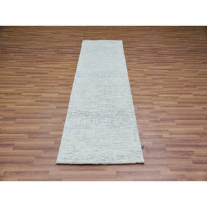 2'6"x8'1" Knitting Needles Gray, Borderless, Shabby Chic, Modern Pure Undyed Wool Hand Knotted With Grass Design, Tone On Tone, Oriental Runner Rug FWR478914
