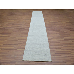 2'7"x13'9" Owl Gray, Tone On Tone Hand Knotted Grass Design, Modern Shabby Chic Undyed Pure Shiny Wool, Oriental Runner Rug FWR478974