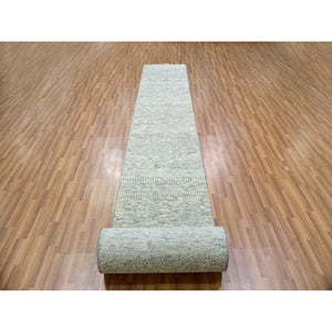 2'5"x26'3" Wales Gray, Borderless Modern Tone on Tone Grass Design, Hand Knotted Undyed Organic Wool, Oriental XL Runner Rug FWR479280