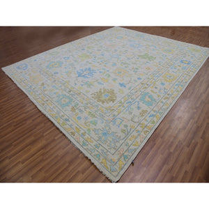 12'4"x14'10" Frost White, Lush Pile, 100% Wool, Colorful Oushak Weave, Soft To The Touch, Hand Knotted, Oversized, Oriental Rug FWR479382